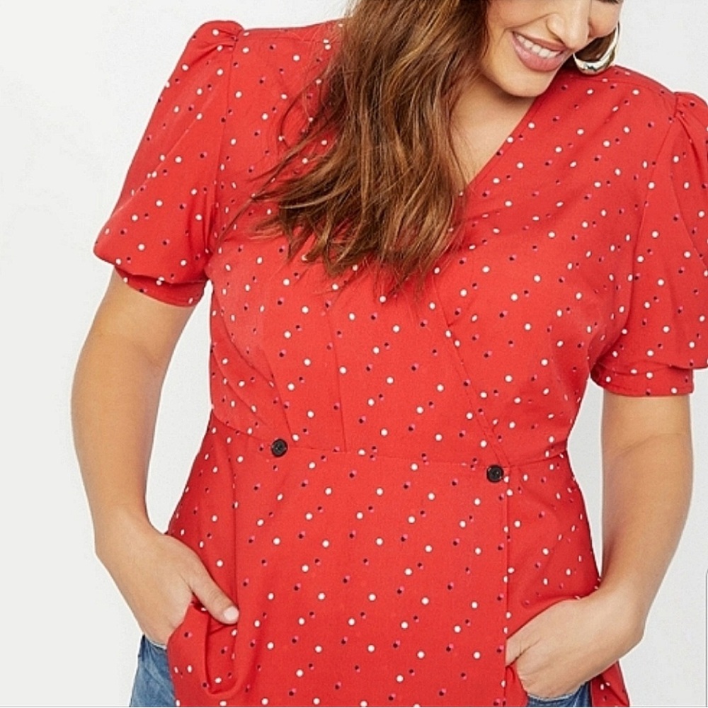 Eloquii red polka dot puff sleeve peplum top 18
